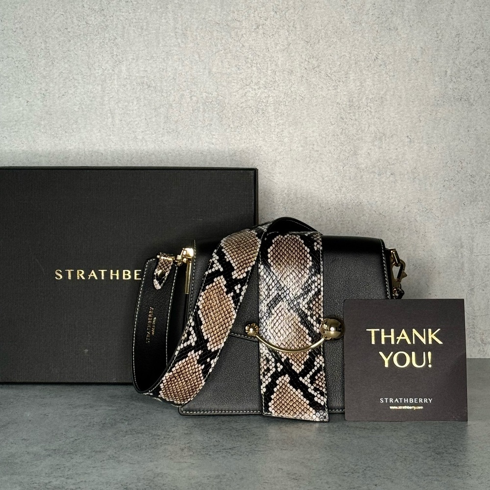 Strathberry Box Crescent Bag NWT Calf & Snake Embossed Leather Black Chain Gold
